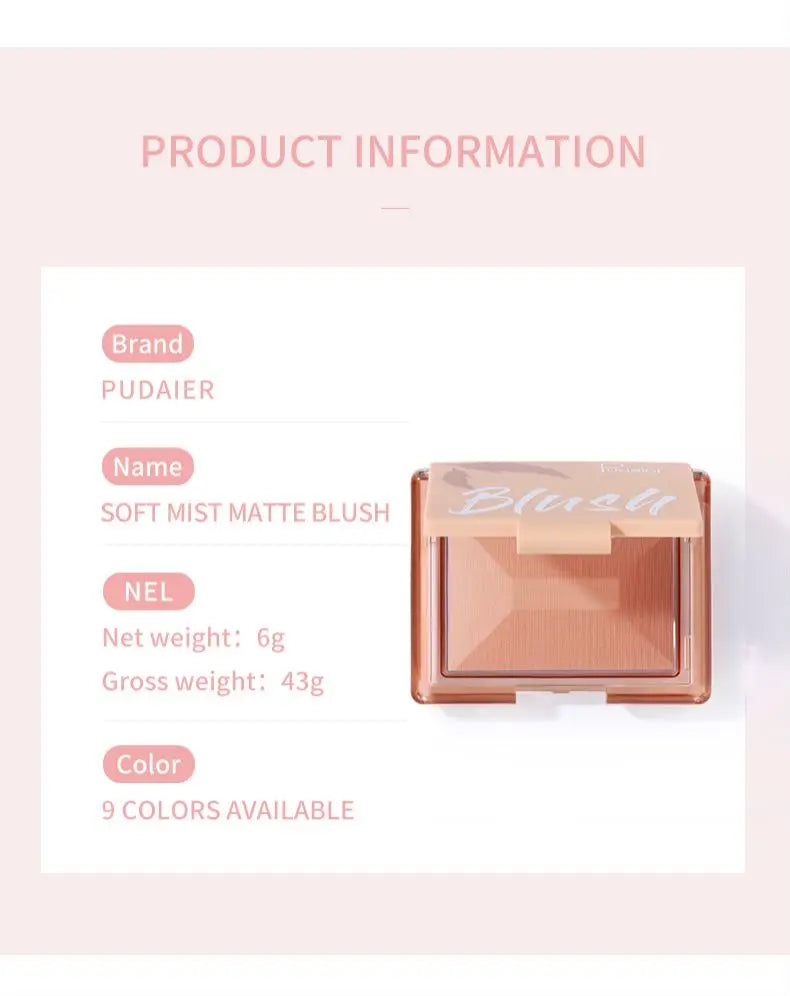 Pudaier Matte Face Blusher Brightening Complexion Contouring Eyeshadow Rouge Long-lasting Natural Nude Makeup