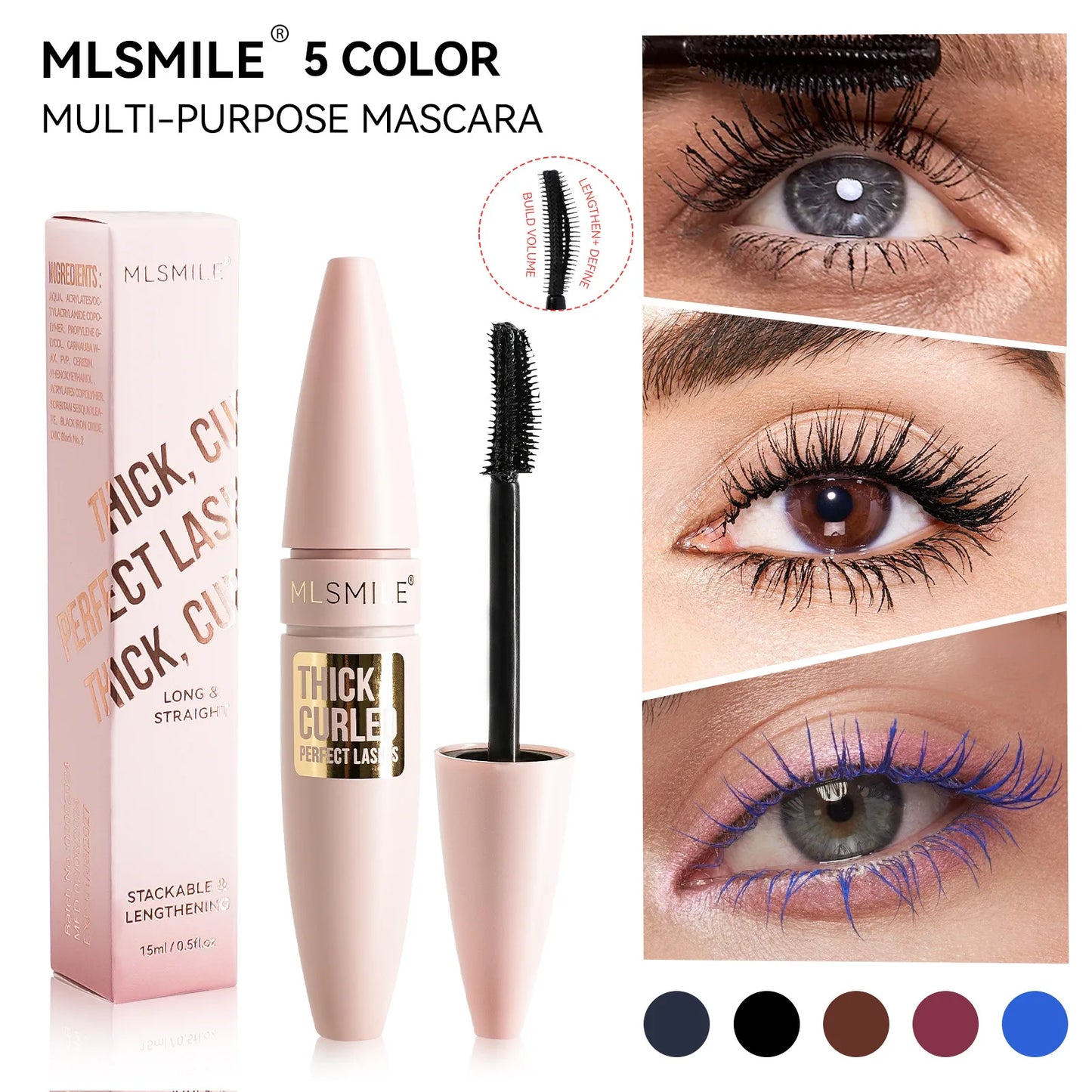 5 colors mascara thick and long curling waterproof liquid fiber mascara long-lasting mascara big eye makeup makeup tools